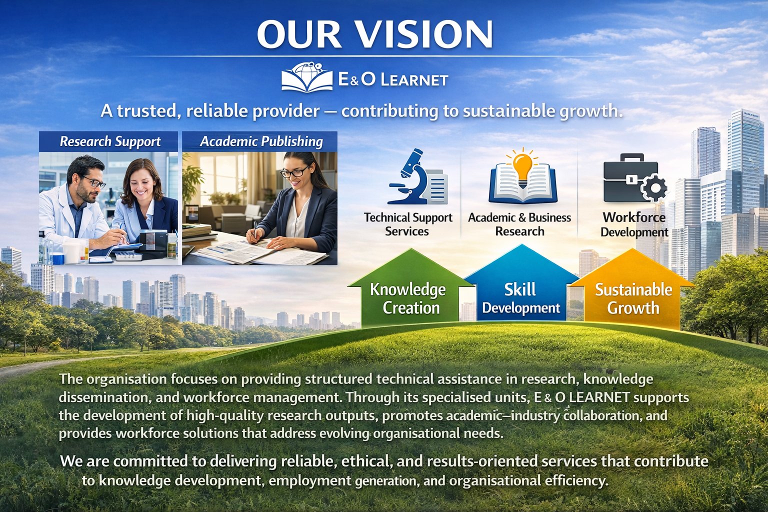 E & O LEARNET — Our Vision infographic illustrating the three service pillars and growth outcomes